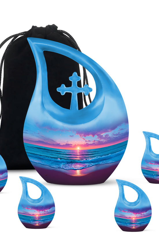 Pastel Blue Beach Cremation Urn urn with complimentary velvet bag - sacred cross merged with beach motif on metal - memorial set with one large and four small urns