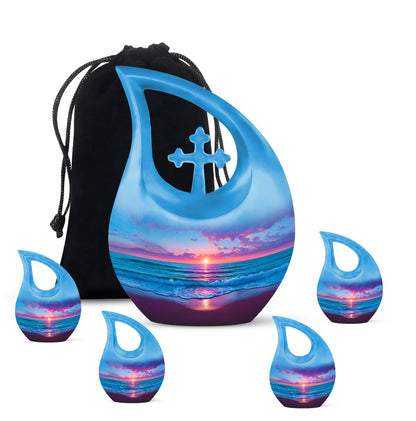 Pastel Blue Beach Cremation Urn urn with complimentary velvet bag - sacred cross merged with beach motif on metal - memorial set with one large and four small urns