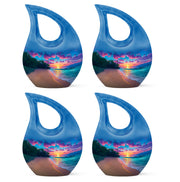 Serene Blue Beach Cremation Urn lifestyle display on memorial shelf - devotional cross-drop beach engraving - 10 inch aluminum urn for cremated remains