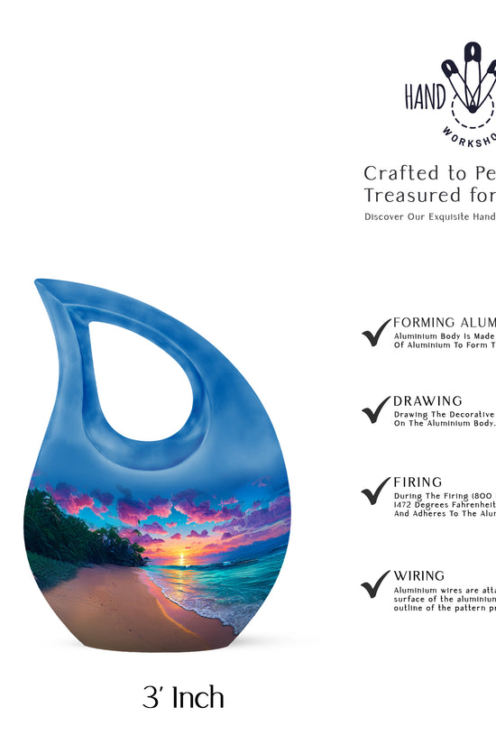 Navy Blue Beach Cremation Urn back view with polished surface - sacred cross merged with beach motif on metal - mini keepsake memorial for portion of cremation ashes