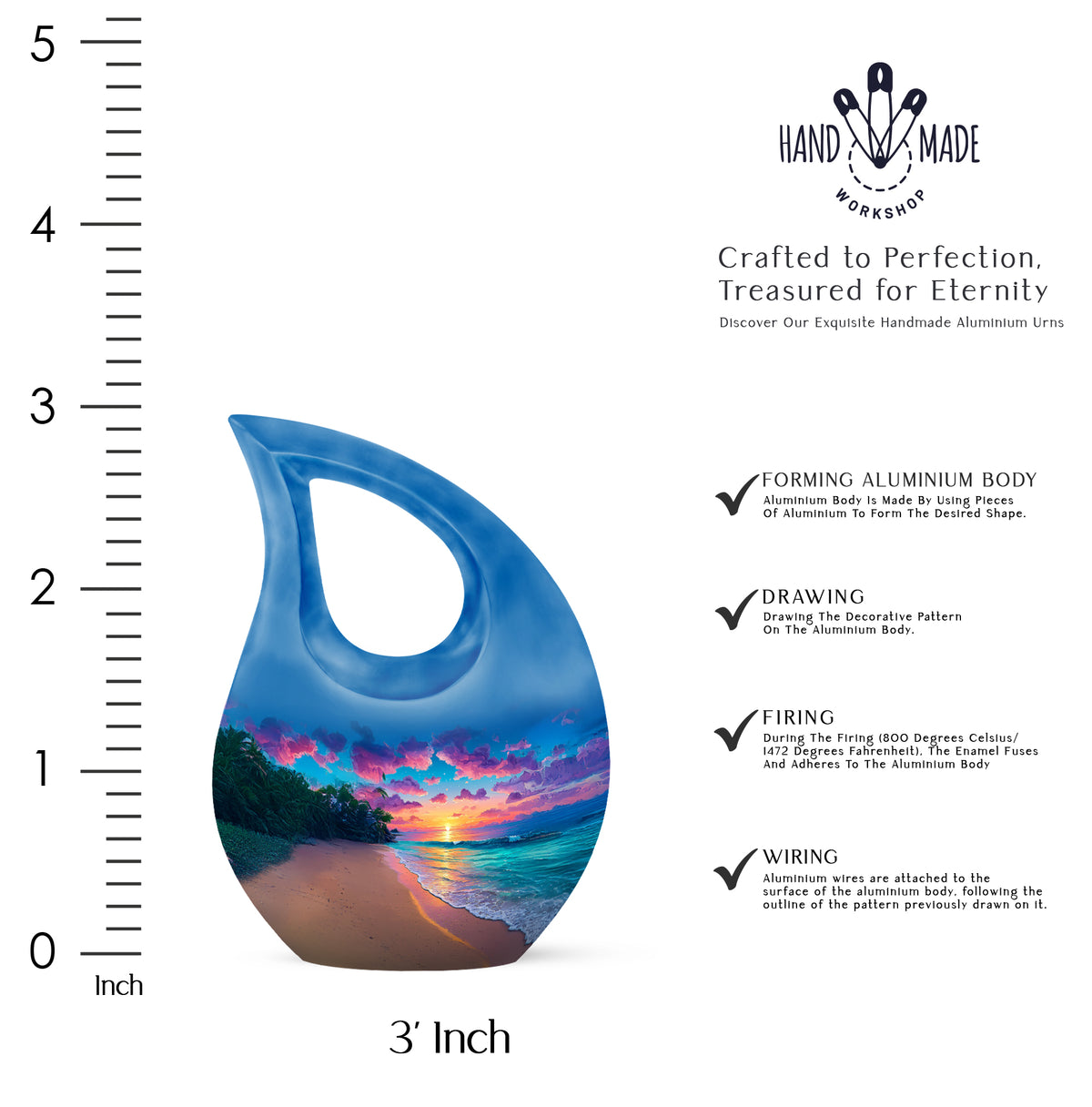 Navy Blue Beach Cremation Urn back view with polished surface - sacred cross merged with beach motif on metal - mini keepsake memorial for portion of cremation ashes