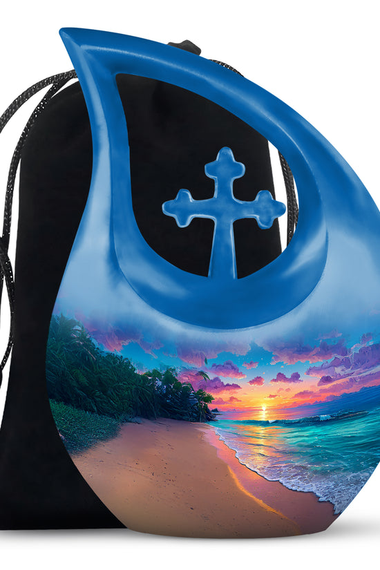 Cornflower Blue Beach Cremation Urn top-down view of secure threaded lid - faith-inspired cross-drop urn with beach pattern - full-size 10 inch 200 cubic inch adult cremation urn