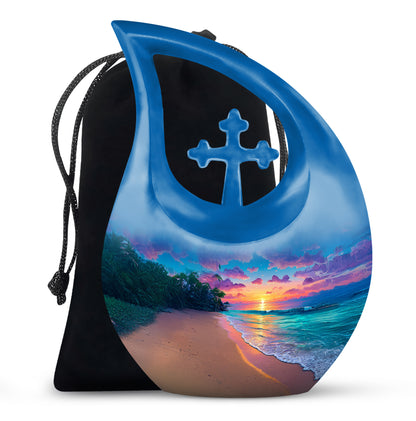 Cornflower Blue Beach Cremation Urn top-down view of secure threaded lid - faith-inspired cross-drop urn with beach pattern - full-size 10 inch 200 cubic inch adult cremation urn