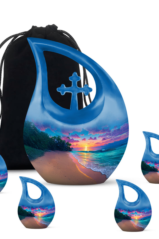 Cobalt Blue Beach Cremation Urn urn with complimentary velvet bag - faith-inspired cross-drop urn with beach pattern - memorial set with one large and four small urns