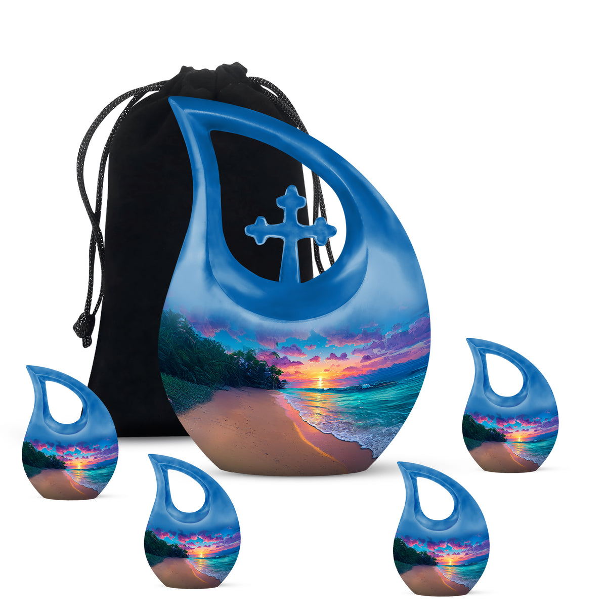 Cobalt Blue Beach Cremation Urn urn with complimentary velvet bag - faith-inspired cross-drop urn with beach pattern - memorial set with one large and four small urns