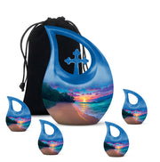 Cobalt Blue Beach Cremation Urn urn with complimentary velvet bag - faith-inspired cross-drop urn with beach pattern - memorial set with one large and four small urns
