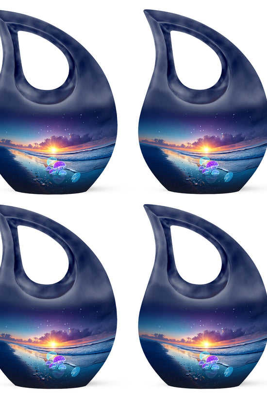 Vivid Blue Beach Cremation Urn lifestyle display on memorial shelf - faith-inspired cross-drop urn with beach pattern - 10 inch aluminum urn for cremated remains