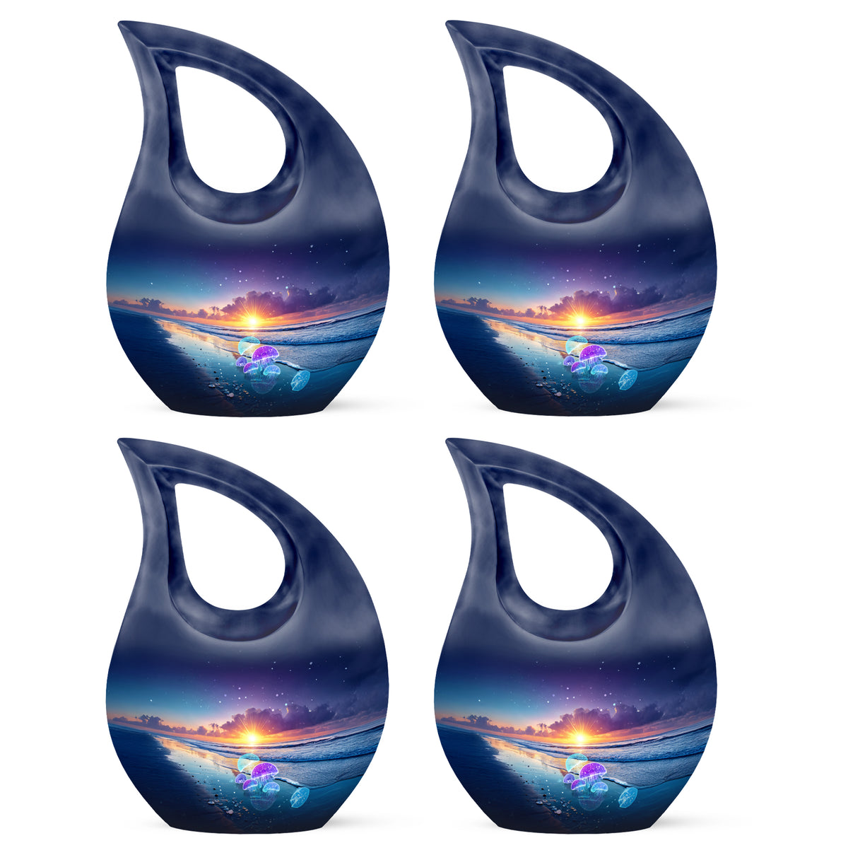 Vivid Blue Beach Cremation Urn lifestyle display on memorial shelf - faith-inspired cross-drop urn with beach pattern - 10 inch aluminum urn for cremated remains