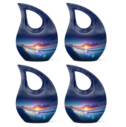 Vivid Blue Beach Cremation Urn lifestyle display on memorial shelf - faith-inspired cross-drop urn with beach pattern - 10 inch aluminum urn for cremated remains