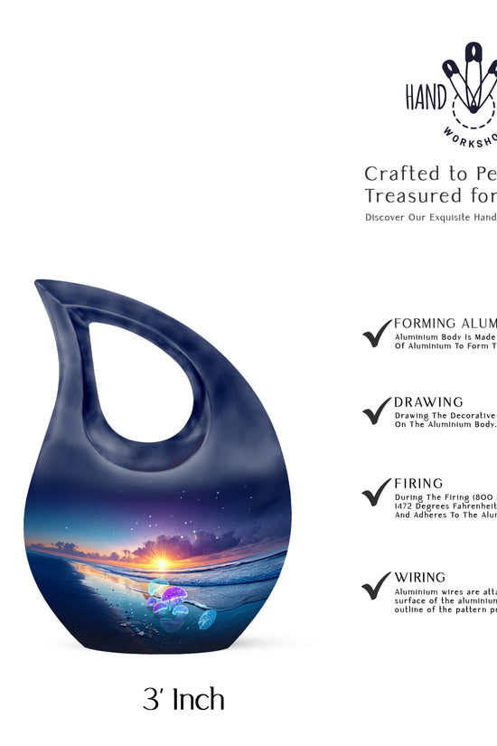 Steel Blue Beach Cremation Urn back view with polished surface - devotional cross-drop beach engraving - mini keepsake memorial for portion of cremation ashes