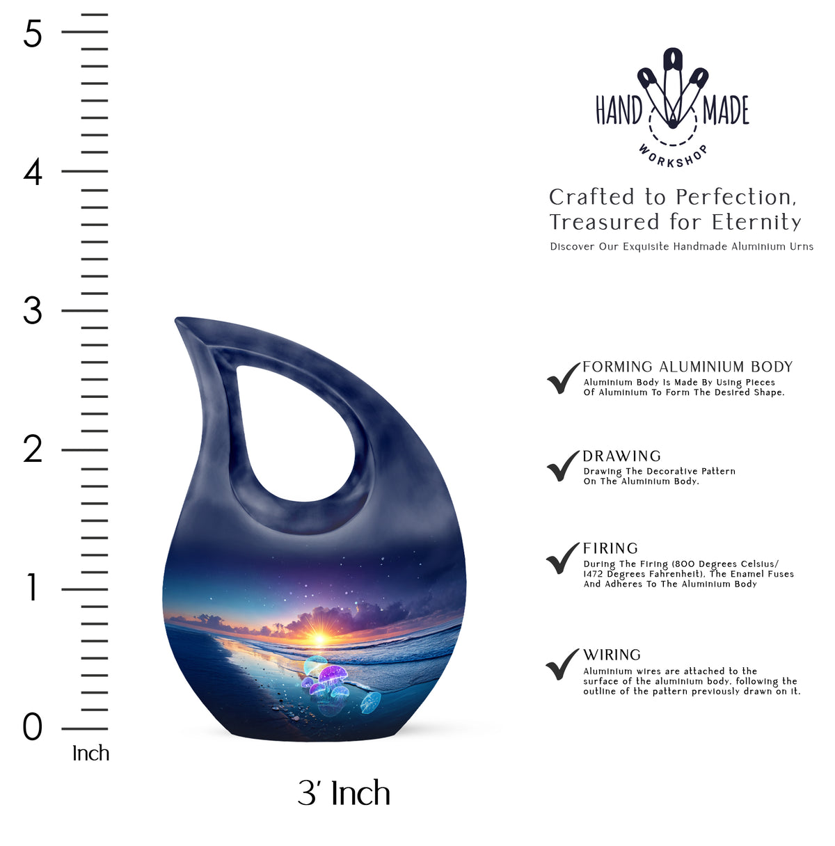 Steel Blue Beach Cremation Urn back view with polished surface - devotional cross-drop beach engraving - mini keepsake memorial for portion of cremation ashes