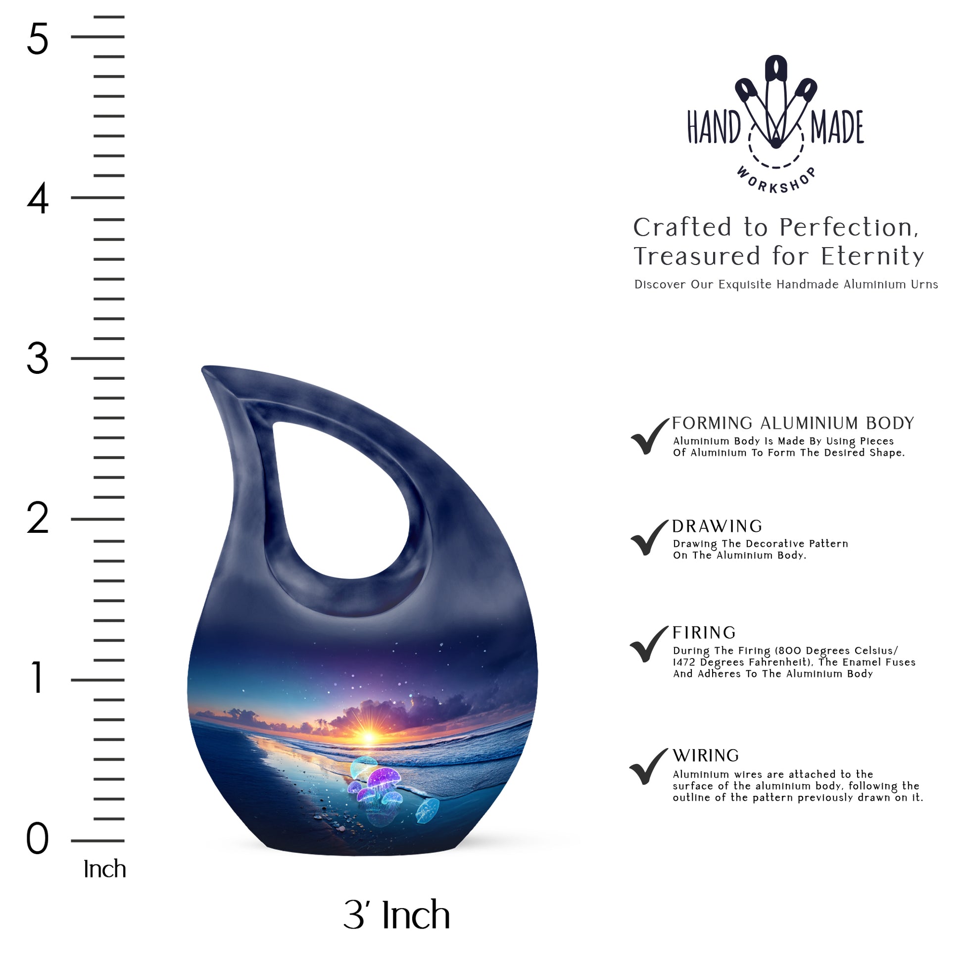 Steel Blue Beach Cremation Urn back view with polished surface - devotional cross-drop beach engraving - mini keepsake memorial for portion of cremation ashes