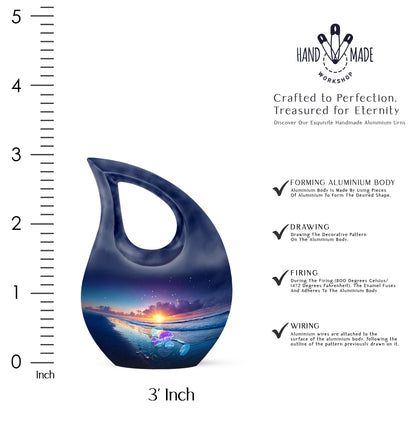 Steel Blue Beach Cremation Urn back view with polished surface - devotional cross-drop beach engraving - mini keepsake memorial for portion of cremation ashes