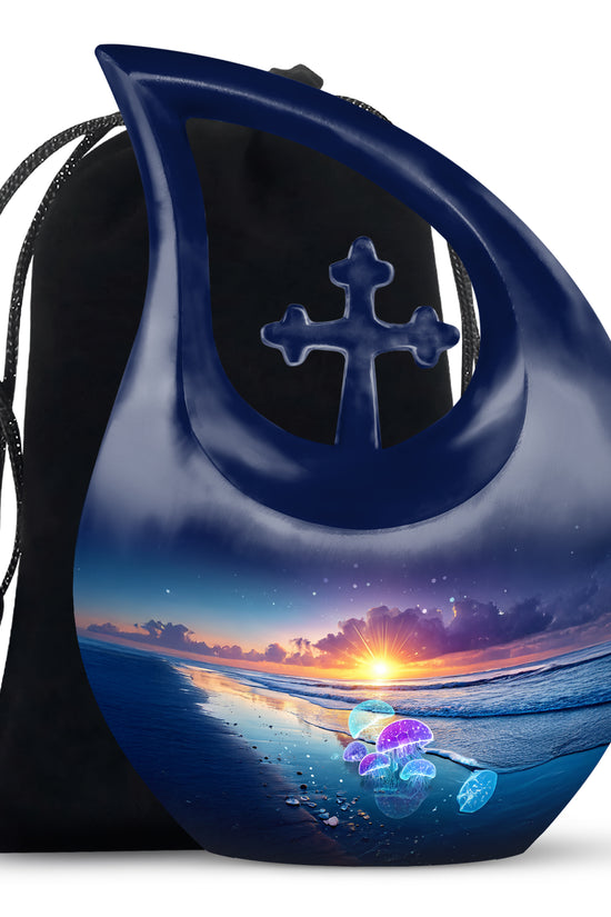 Dusty Blue Beach Cremation Urn top-down view of secure threaded lid - cross and beach combined in spiritual memorial design - full-size 10 inch 200 cubic inch adult cremation urn