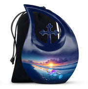 Dusty Blue Beach Cremation Urn top-down view of secure threaded lid - cross and beach combined in spiritual memorial design - full-size 10 inch 200 cubic inch adult cremation urn