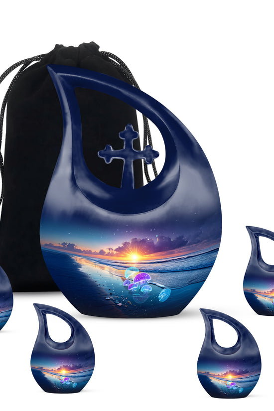 Indigo Beach Cremation Urn urn with complimentary velvet bag - cross and beach combined in spiritual memorial design - memorial set with one large and four small urns