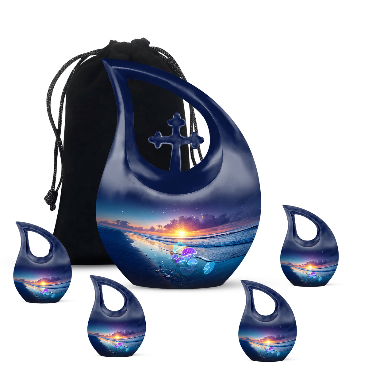Indigo Beach Cremation Urn urn with complimentary velvet bag - cross and beach combined in spiritual memorial design - memorial set with one large and four small urns
