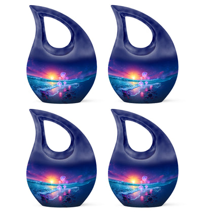 Slate Blue Beach Cremation Urn lifestyle display on memorial shelf - cross and beach combined in spiritual memorial design - 10 inch aluminum urn for cremated remains