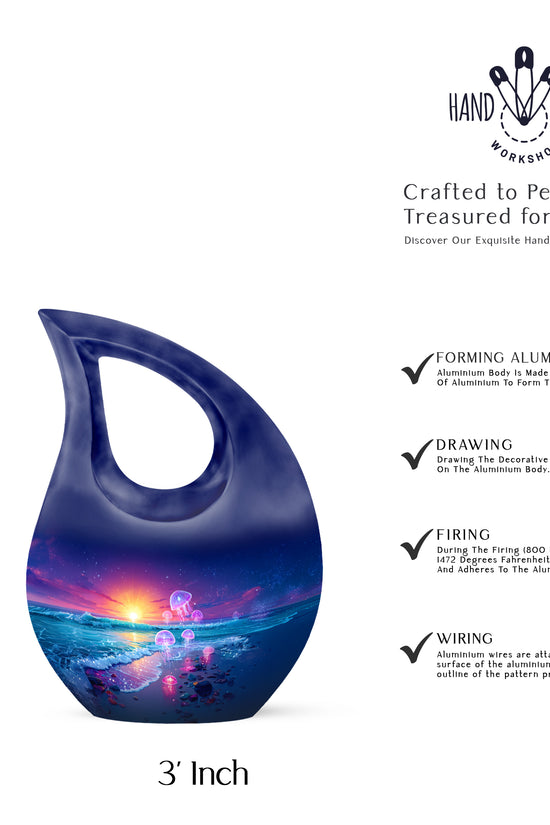 Cornflower Blue Beach Cremation Urn back view with polished surface - faith-inspired cross-drop urn with beach pattern - mini keepsake memorial for portion of cremation ashes