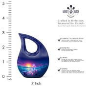 Cornflower Blue Beach Cremation Urn back view with polished surface - faith-inspired cross-drop urn with beach pattern - mini keepsake memorial for portion of cremation ashes