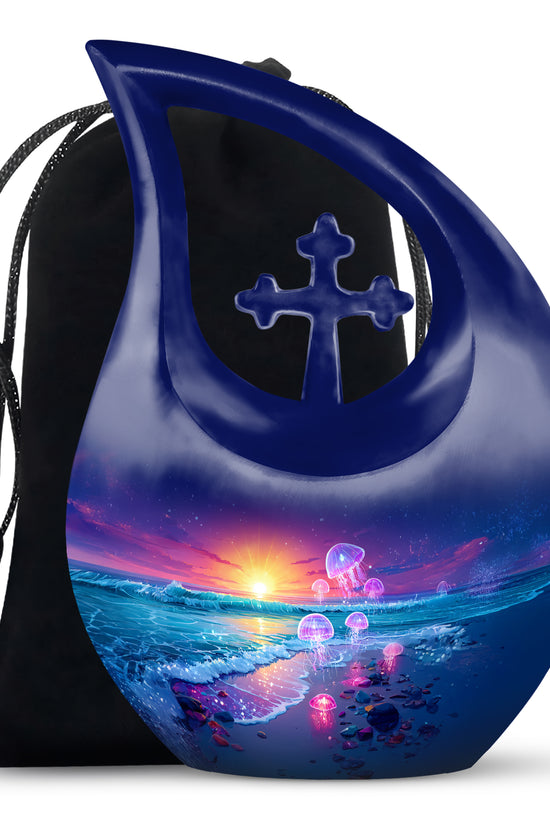 Misty Blue Beach Cremation Urn top-down view of secure threaded lid - sacred cross merged with beach motif on metal - full-size 10 inch 200 cubic inch adult cremation urn