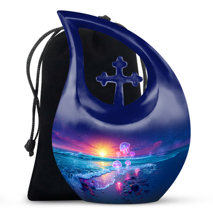 Misty Blue Beach Cremation Urn top-down view of secure threaded lid - sacred cross merged with beach motif on metal - full-size 10 inch 200 cubic inch adult cremation urn