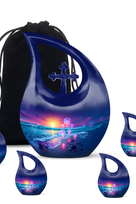 Serene Blue Beach Cremation Urn urn with complimentary velvet bag - faith-inspired cross-drop urn with beach pattern - memorial set with one large and four small urns