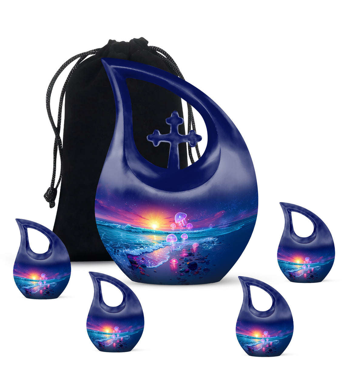 Serene Blue Beach Cremation Urn urn with complimentary velvet bag - faith-inspired cross-drop urn with beach pattern - memorial set with one large and four small urns