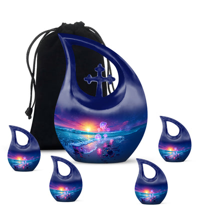 Serene Blue Beach Cremation Urn urn with complimentary velvet bag - faith-inspired cross-drop urn with beach pattern - memorial set with one large and four small urns