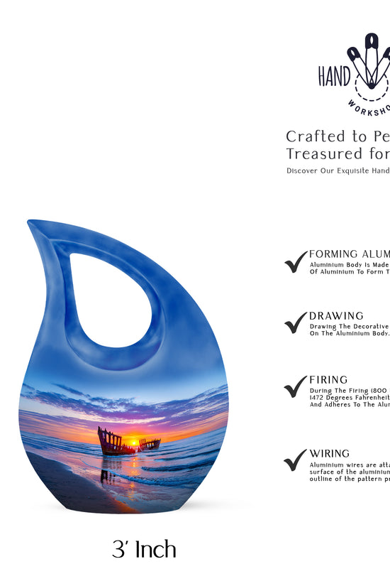 Serene Blue Beach Cremation Urn back view with polished surface - devotional cross-drop beach engraving - mini keepsake memorial for portion of cremation ashes