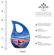 Serene Blue Beach Cremation Urn back view with polished surface - devotional cross-drop beach engraving - mini keepsake memorial for portion of cremation ashes