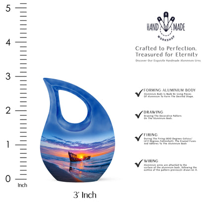 Serene Blue Beach Cremation Urn back view with polished surface - devotional cross-drop beach engraving - mini keepsake memorial for portion of cremation ashes