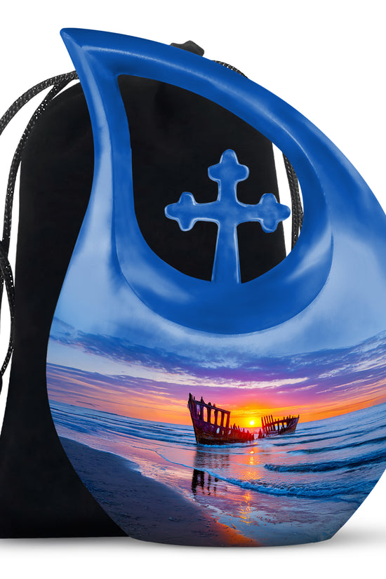 Celestial Blue Beach Cremation Urn top-down view of secure threaded lid - cross and beach combined in spiritual memorial design - full-size 10 inch 200 cubic inch adult cremation urn
