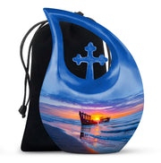 Celestial Blue Beach Cremation Urn top-down view of secure threaded lid - cross and beach combined in spiritual memorial design - full-size 10 inch 200 cubic inch adult cremation urn