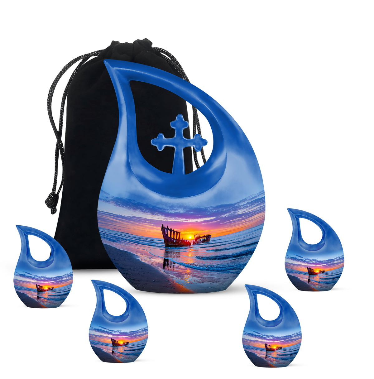 Pastel Blue Beach Cremation Urn urn with complimentary velvet bag - sacred cross merged with beach motif on metal - memorial set with one large and four small urns