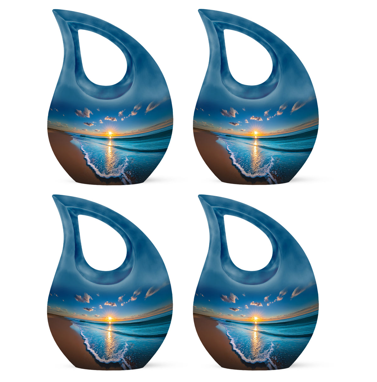 Icy Blue Beach Cremation Urn lifestyle display on memorial shelf - sacred cross merged with beach motif on metal - 10 inch aluminum urn for cremated remains
