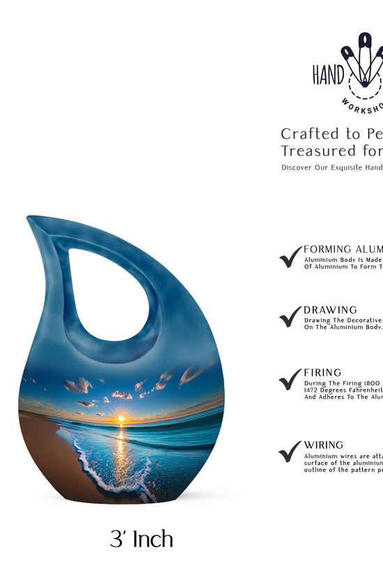 Powder Blue Beach Cremation Urn back view with polished surface - cross and beach combined in spiritual memorial design - mini keepsake memorial for portion of cremation ashes
