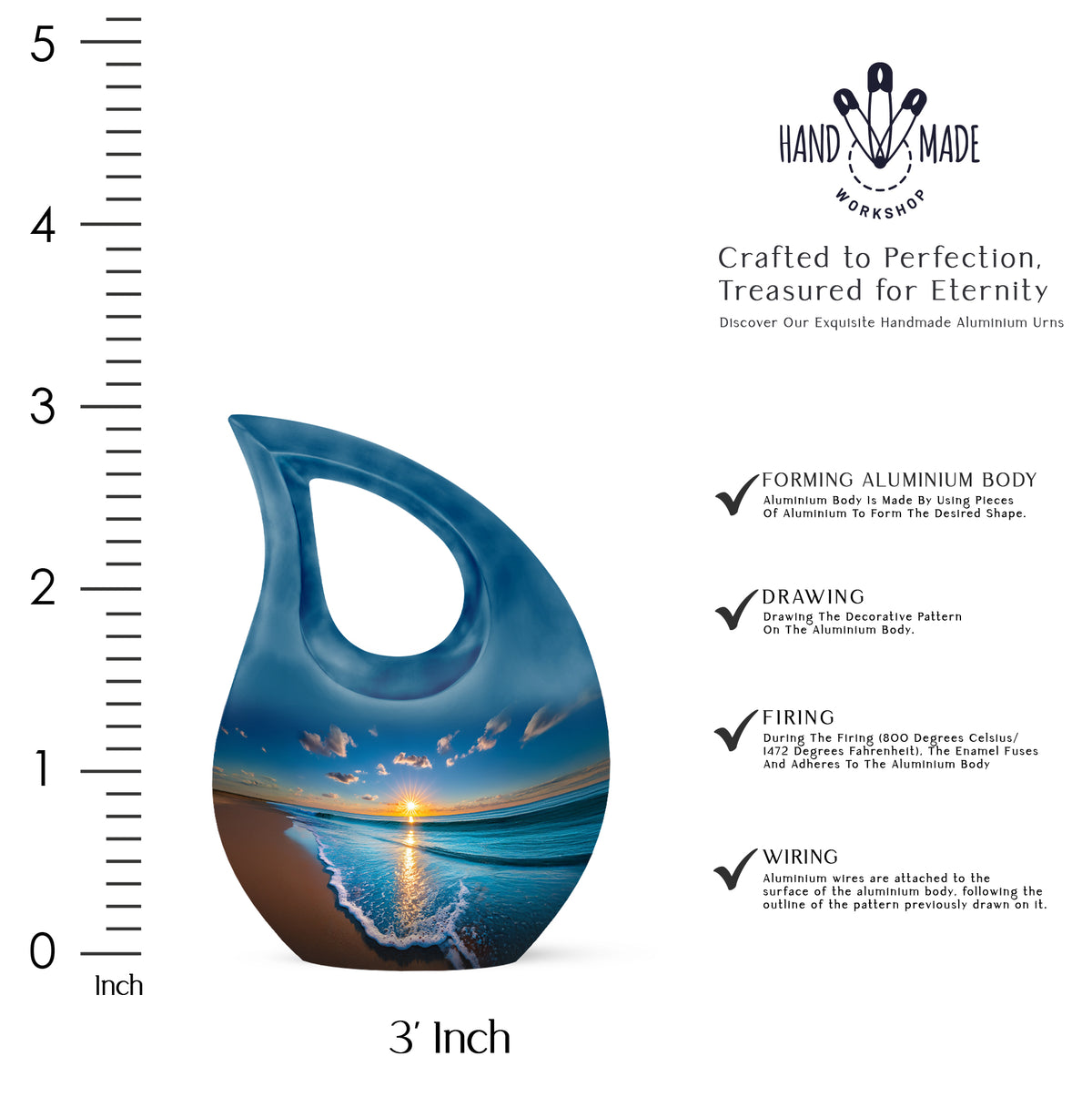Powder Blue Beach Cremation Urn back view with polished surface - cross and beach combined in spiritual memorial design - mini keepsake memorial for portion of cremation ashes