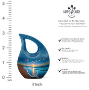 Powder Blue Beach Cremation Urn back view with polished surface - cross and beach combined in spiritual memorial design - mini keepsake memorial for portion of cremation ashes