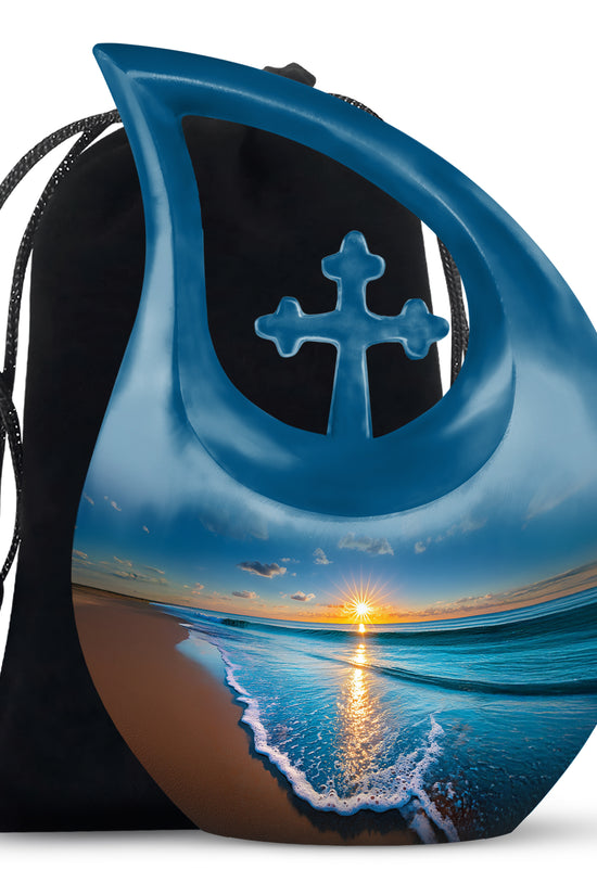 Cornflower Blue Beach Cremation Urn top-down view of secure threaded lid - devotional cross-drop beach engraving - full-size 10 inch 200 cubic inch adult cremation urn