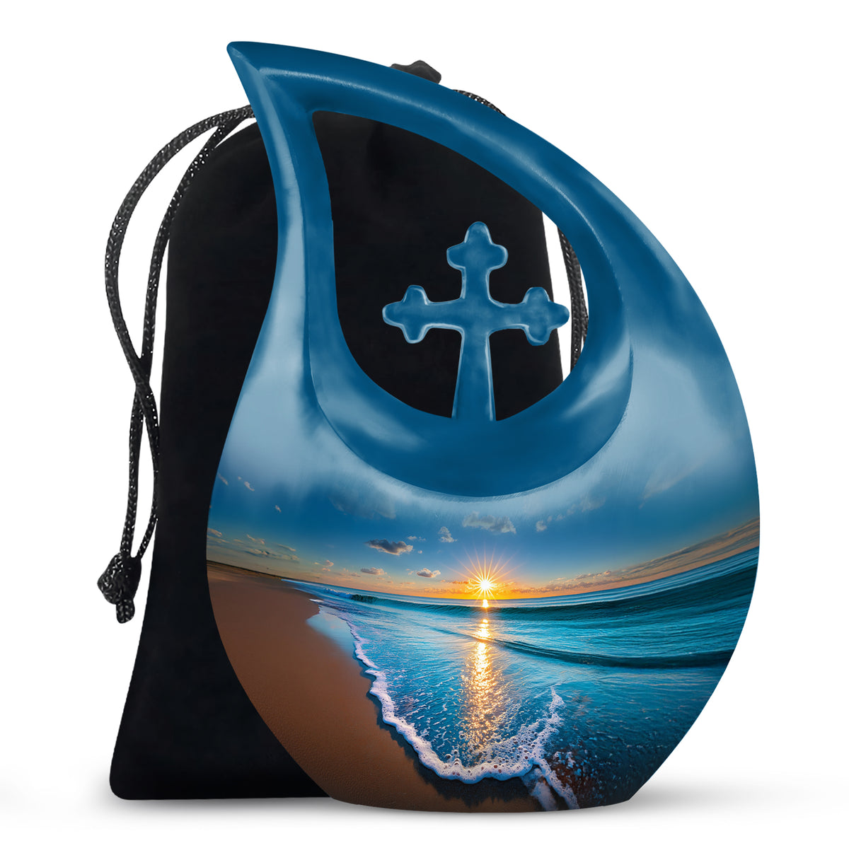 Cornflower Blue Beach Cremation Urn top-down view of secure threaded lid - devotional cross-drop beach engraving - full-size 10 inch 200 cubic inch adult cremation urn