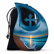 Cornflower Blue Beach Cremation Urn top-down view of secure threaded lid - devotional cross-drop beach engraving - full-size 10 inch 200 cubic inch adult cremation urn