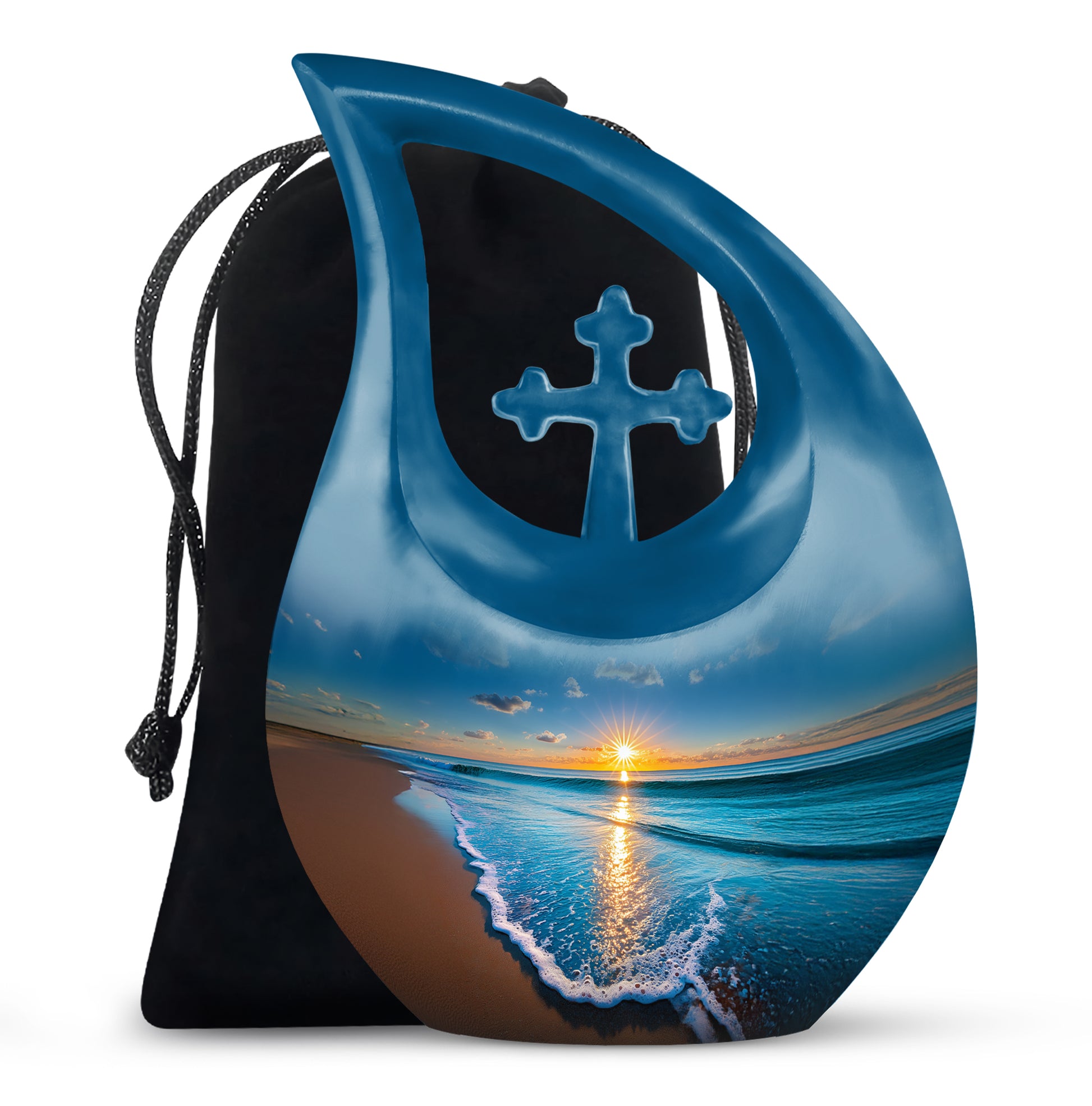 Cornflower Blue Beach Cremation Urn top-down view of secure threaded lid - devotional cross-drop beach engraving - full-size 10 inch 200 cubic inch adult cremation urn