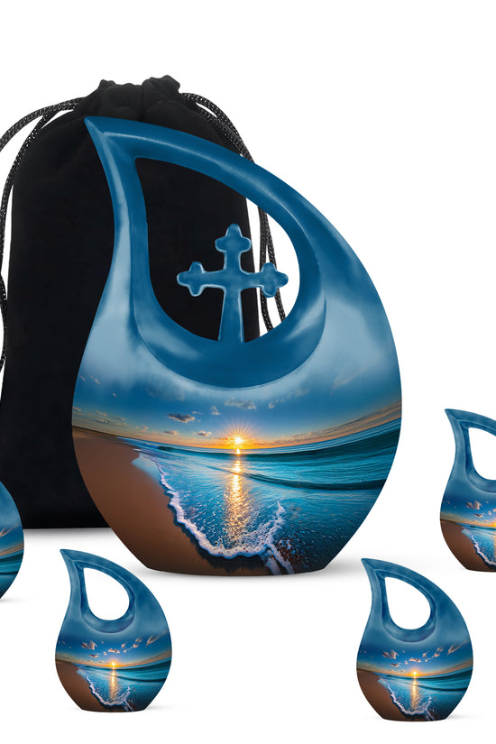 Celestial Blue Beach Cremation Urn urn with complimentary velvet bag - cross and beach combined in spiritual memorial design - memorial set with one large and four small urns