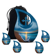 Celestial Blue Beach Cremation Urn urn with complimentary velvet bag - cross and beach combined in spiritual memorial design - memorial set with one large and four small urns