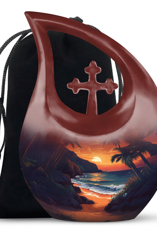 Beach Sunset Cremation Urn - Palm Tree Beach Funeral Urn For Loved Ones