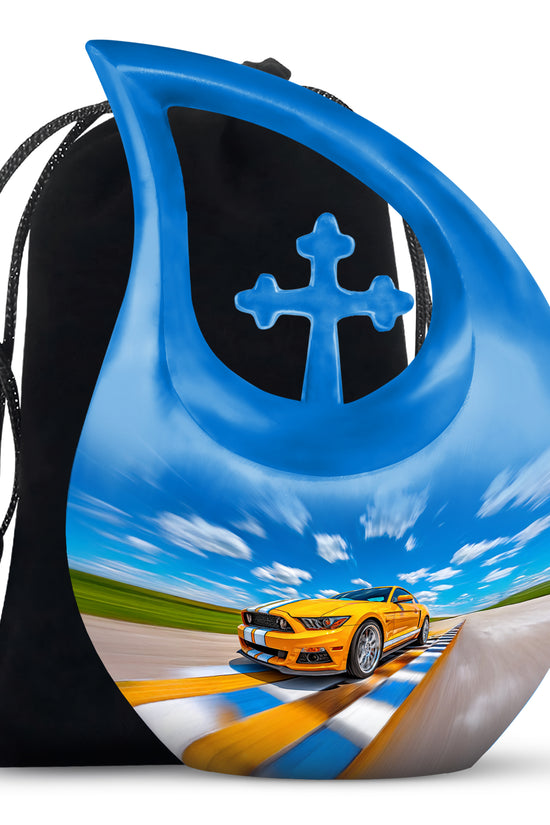 Yellow Sports Car Cremation Urn - Racing Track Memorial Urn For Adult Ashes