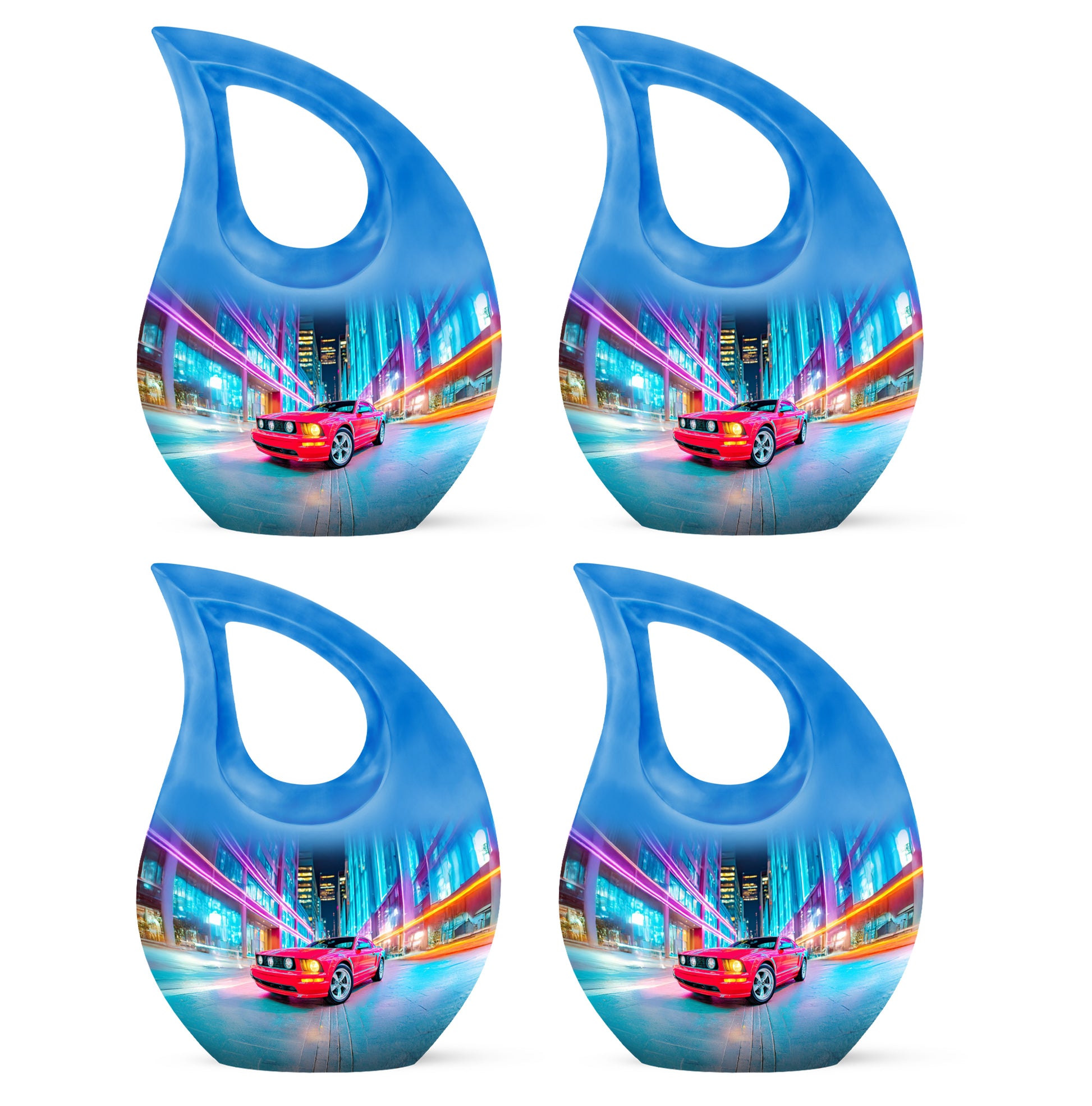 Icy Blue Car Cremation Urn lifestyle display on memorial shelf - cross and car combined in spiritual memorial design - 10 inch aluminum urn for cremated remains