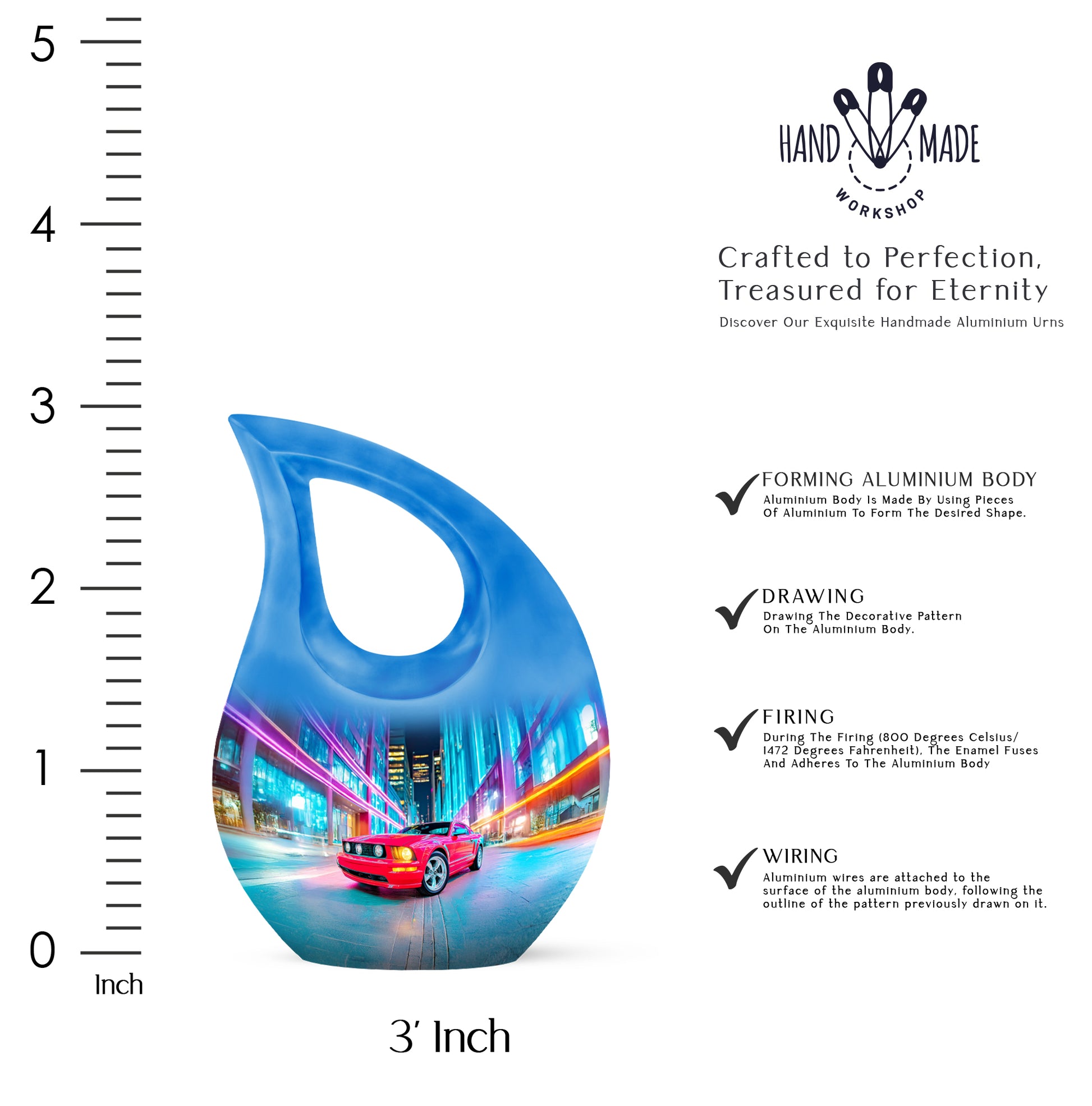 Dusty Blue Car Cremation Urn back view with polished surface - cross and car combined in spiritual memorial design - mini keepsake memorial for portion of cremation ashes