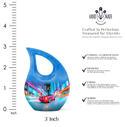 Dusty Blue Car Cremation Urn back view with polished surface - cross and car combined in spiritual memorial design - mini keepsake memorial for portion of cremation ashes